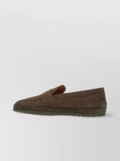 Tod's Unique Sole Penny Strap Rubber Finish Loafers In Brown