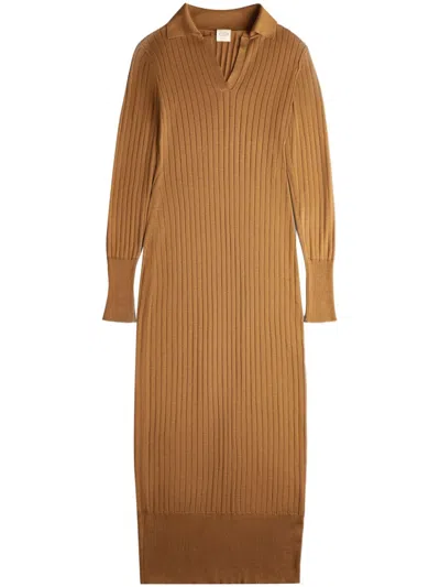 Tod's V-neck Ribbed Midi Dress In Brown