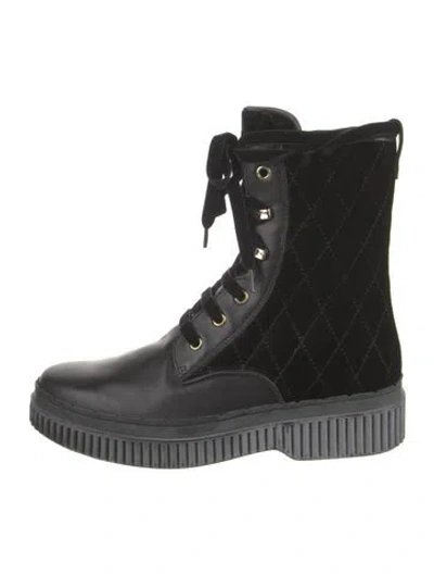 Pre-owned Tod's Velvet Combat Boots In Black