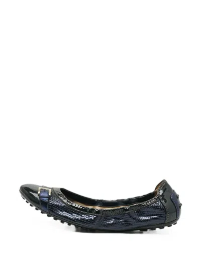 Pre-owned Tod's Vintage Buckled Snakeskin-effect Ballet Flats In Blue
