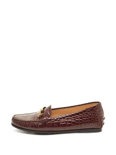 Pre-owned Tod's Vintage Croc-embossed Loafers In Brown