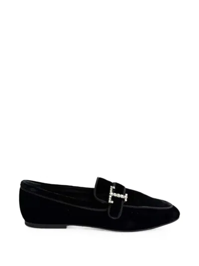 Pre-owned Tod's Vintage Crystal-embellished Velvet Loafers In Black