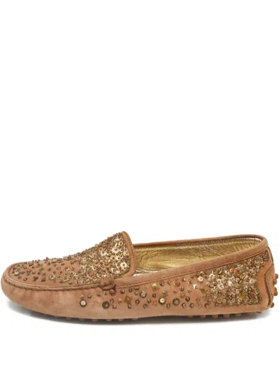 Pre-owned Tod's Vintage Embellished Suede Loafers In Brown