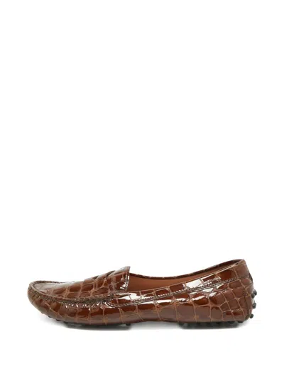 Pre-owned Tod's Vintage Gommini Croc-embossed Leather Loafers In Brown