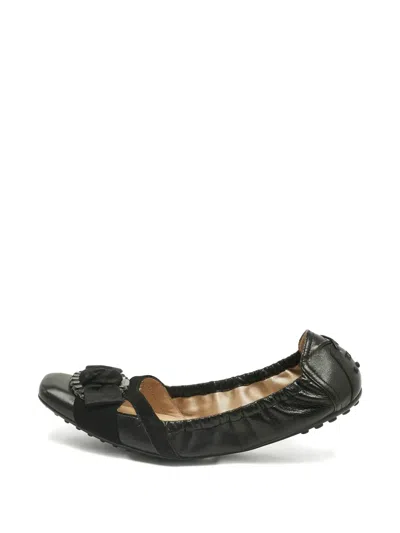 Pre-owned Tod's Vintage Leather Bow Ballet Flats In Black