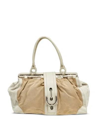 Pre-owned Tod's Vintage Leather-trim Canvas Tote Bag In Neutral