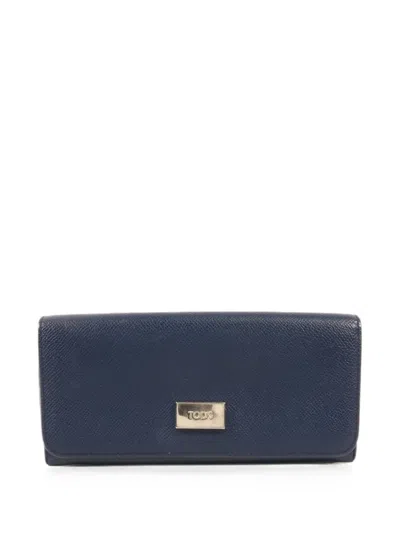 Pre-owned Tod's Vintage Logo-plaque Leather Long Wallet In Blue