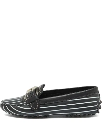Pre-owned Tod's Vintage  Leather Stripe Studded Loafers In Black
