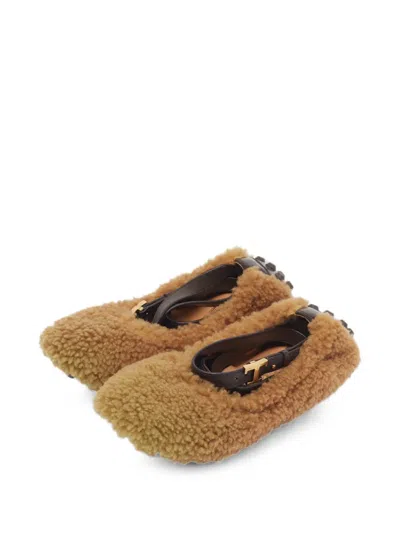 Pre-owned Tod's Vintage Shearling Ankle-strap Ballet Flats In Neutral