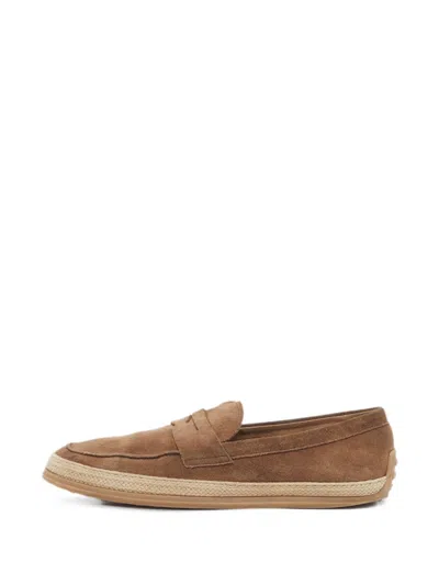 Pre-owned Tod's Vintage Woven Trim Pebble-sole Loafers In Brown