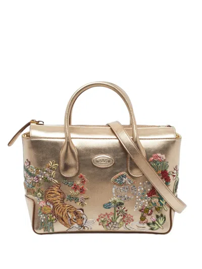 Pre-owned Tod's Vintage X Rahul Mishra Di Embroidered Leather Tote Bag In Gold