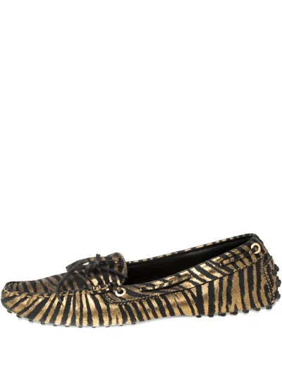 Pre-owned Tod's Vintage Zebra-print Leather Boat Shoes In Gold