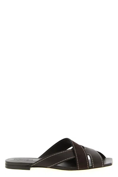 Tod's Flat Leather Sandals With Crossed Straps Shoes In Brown