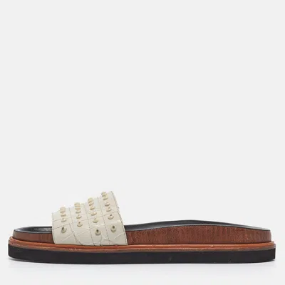 Pre-owned Tod's White Croc Embossed Leather Studded Flat Slides Size 37