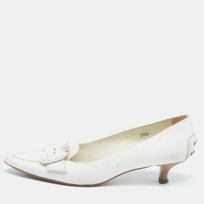 Pre-owned Tod's White Leather Buckle Loafer Pumps Size 38.5