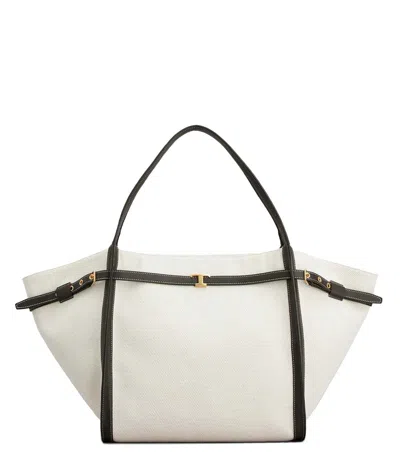 Tod's White Tote Bag With Front Leather Buckled Belt In Cotton Blend Woman