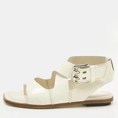 Pre-owned Tod's White Patent Leather Cross Strap Flat Sandals Size 36.5