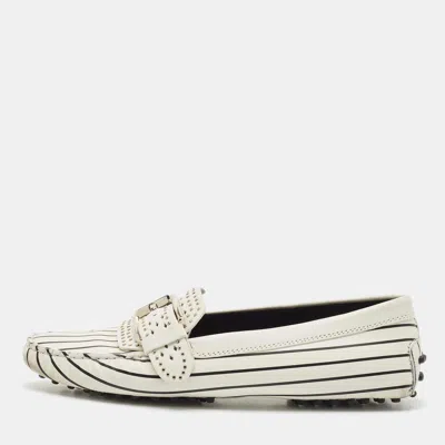Pre-owned Tod's White/black Stripe Print Leather Studded Buckle Slip On Loafers Size 39.5