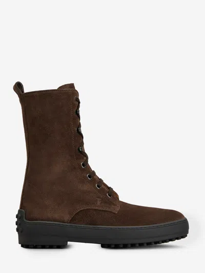 Tod's Winter Ankle Boot With Rubber Studs In Suede Leather In Brown