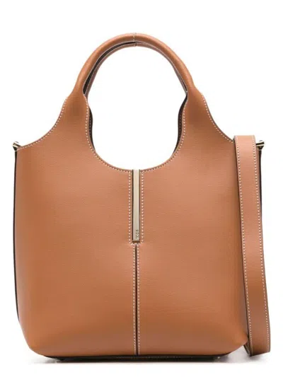 Tod's Women's Leather Mini Shopping Tote Bag With Branded Metal Bar Accessory In Brown