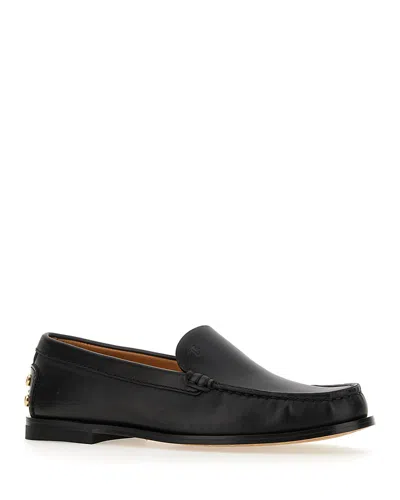 Tod's Black Loafers With Embossed Logo And Stud Details On The Back In Leather Woman