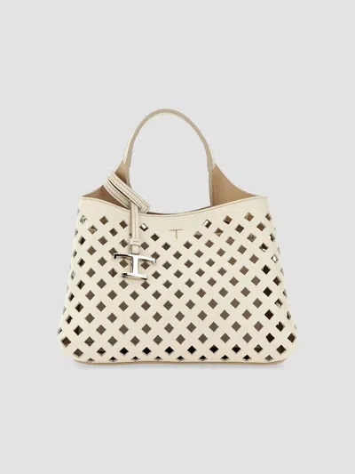 Tod's Women's Micro Perforated Leather Top Handle Bag In Bianco Natural