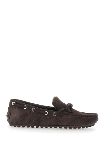 Tod's Tod`s Women's Shearling-trim Mini Loafers With Rubber Sole In Brown