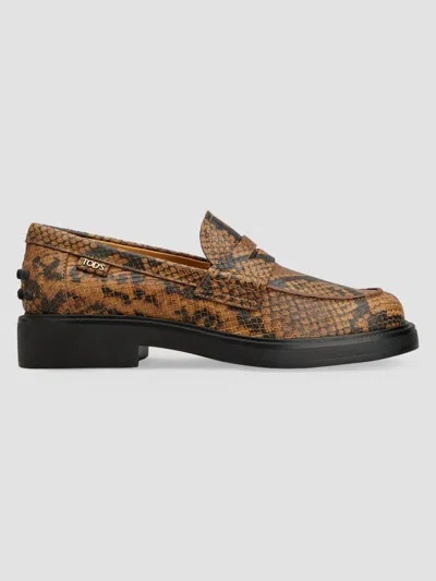 TOD'S WOMEN'S SNAKESKIN-PRINT LEATHER PENNY LOAFERS