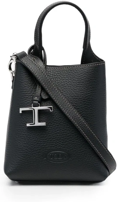 Tod's Women's Timeless Silver Logo Plaque Tote In Black