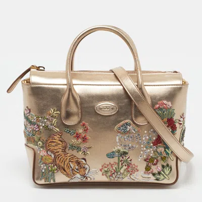 Pre-owned Tod's X Rahul Mishra Di Gold Leather Embroidered Bag