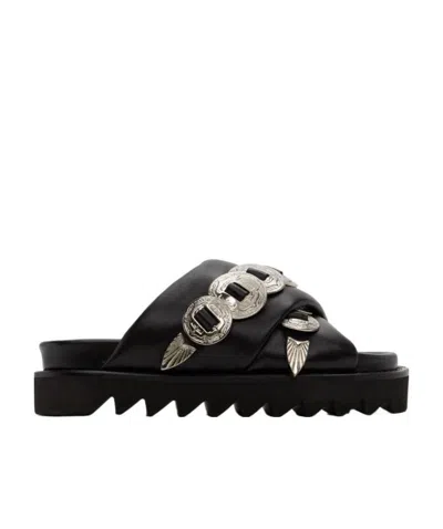 Toga Embellished Cross-over Strap Slides In Black