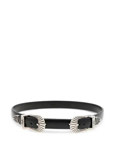 Toga Double Buckle Leather Bangle In Black