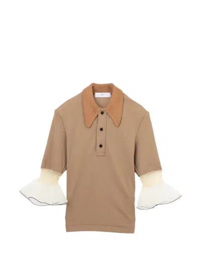 Toga Ruffle-cuff Polo Top In Brown