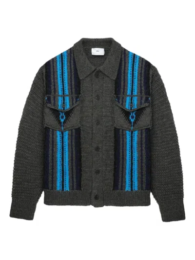 Toga Stripe-panel Pocket Cardigan In Gray