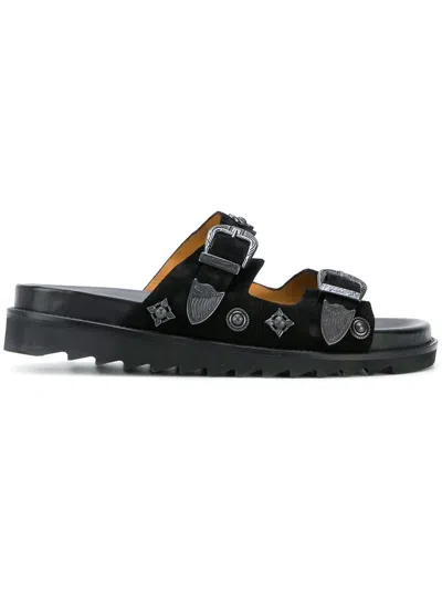 Toga Virilis Decorative Studs Buckle Leather Sandals In Black