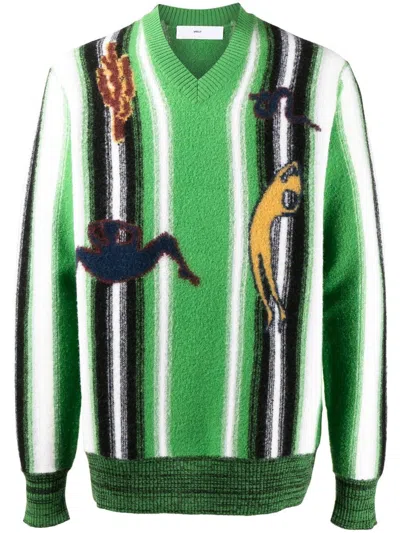 Toga Virilis Striped Ribbed-trim Wool-knit Jumper In Green