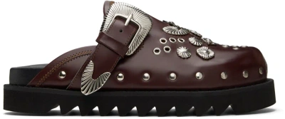 Toga Virilis Ssense Exclusive Burgundy Eyelet Metal Sabot Loafers In Burgundy Leather