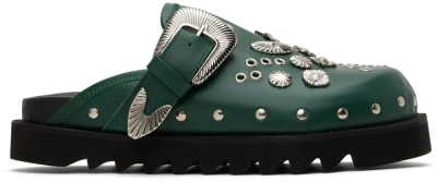Toga Virilis Ssense Exclusive Green Eyelet Metal Sabot Loafers In Dark Green Leather