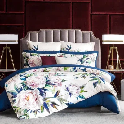 Togas 220 Thread Count Floral 100% Cotton Flat Sheet In Blue,green Palette