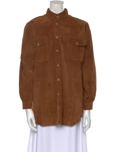 Pre-owned Together! Leather Long Sleeve Button-up Top In Brown