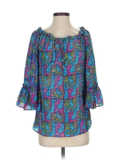 Pre-owned Tolani 3/4 Sleeve Silk Top Blue Cold Shoulder Neckline Tops