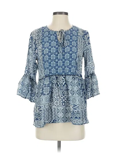 Pre-owned Tolani 3/4 Sleeve Silk Top Blue Keyhole Neckline Tops