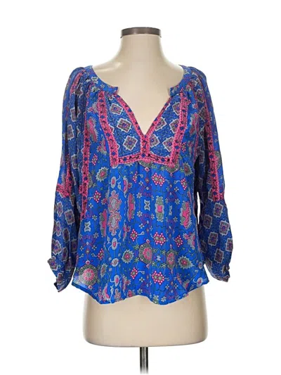 Pre-owned Tolani 3/4 Sleeve Silk Top Blue Plunge Neckline Tops
