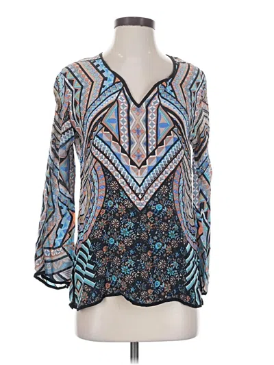 Pre-owned Tolani 3/4 Sleeve Silk Top Blue Plunge Neckline Tops