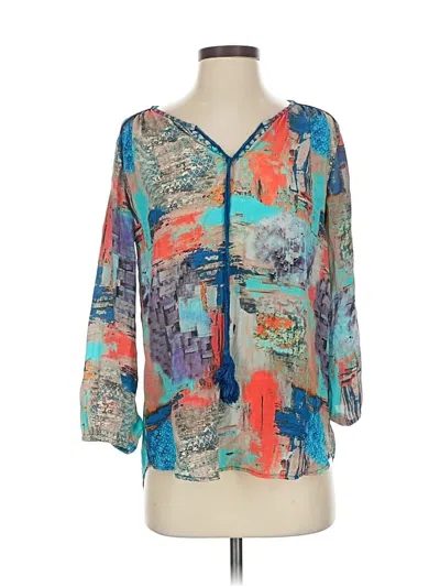 Pre-owned Tolani 3/4 Sleeve Silk Top Blue V Neck Tops