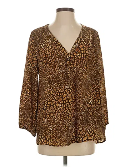 Pre-owned Tolani 3/4 Sleeve Silk Top Brown Animal Print Pattern Plunge Neckline Tops