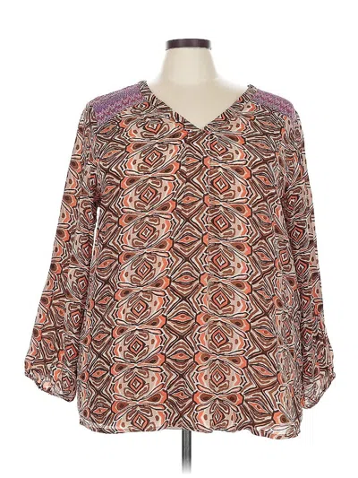 Pre-owned Tolani 3/4 Sleeve Silk Top Brown Print Pattern V Neck Tops