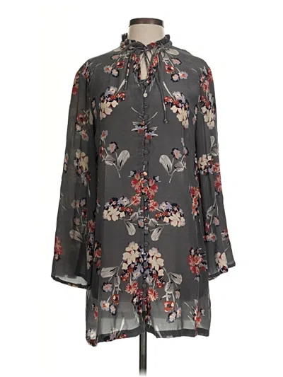 Pre-owned Tolani 3/4 Sleeve Silk Top Gray Floral Pattern Mock Neckline Tops