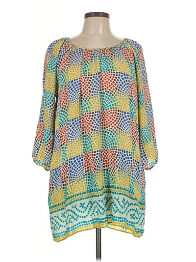 Pre-owned Tolani 3/4 Sleeve Silk Top Teal Cold Shoulder Neckline Tops In Blue