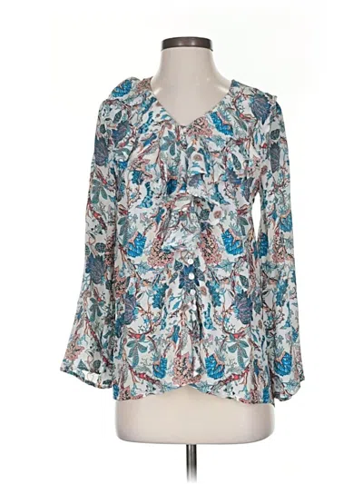 Pre-owned Tolani 3/4 Sleeve Silk Top Teal Keyhole Neckline Tops In Blue